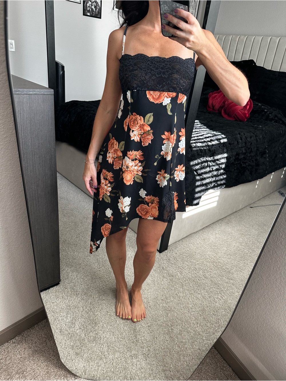 WeWoreWhat Black Slip Dress with Orange Floral & Lace